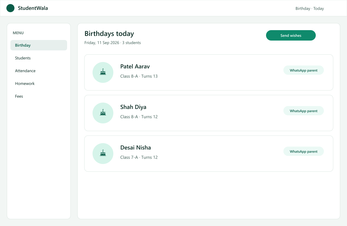StudentWala birthday reminder screen