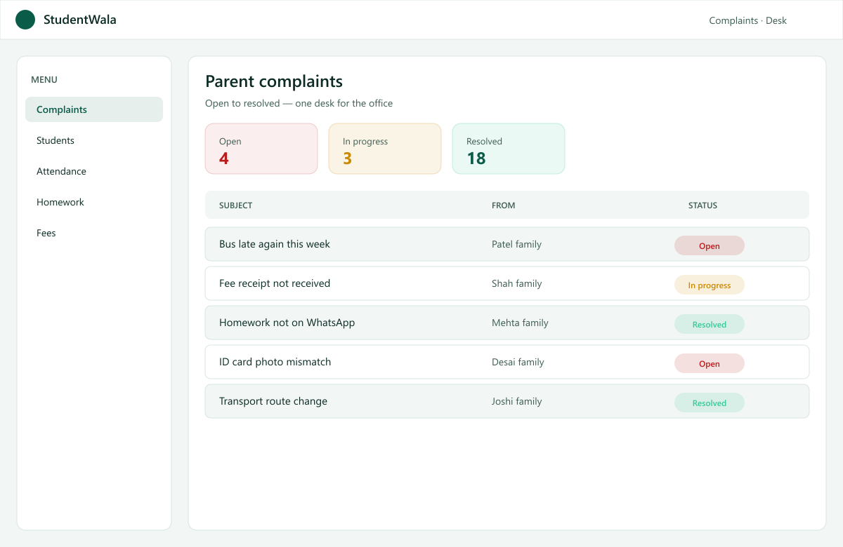 StudentWala parent complaints screen
