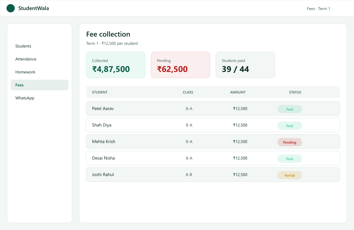 StudentWala fee collection screen